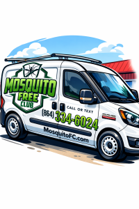 White service van advertising mosquito control with a large green 'MOSQUITO FREE CLUB' logo and phone number (864) 334-6024, parked outdoors.